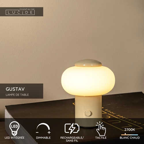 Lucide GUSTAV - Lampe de table Rechargeable - Batterie/Piles - Ø 8 cm - LED Dim. - 1x0,8W 2700K - Crème | Essential - USP